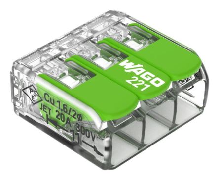 WAGO 221 Series Lever Connector, 3-Way, 0.14 → 4 mm² Wire [221-423]; 282-5143