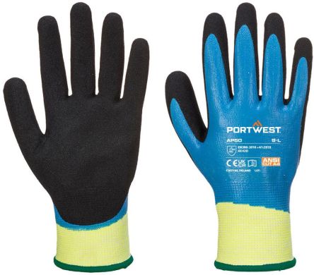 Portwest Aqua Cut Pro Black/Blue Elastane, HPPE, Nylon, Polyester Abrasion Resistant, Cut Resistant Gloves, Size 10, [AP50B8RXL]; 282-5465