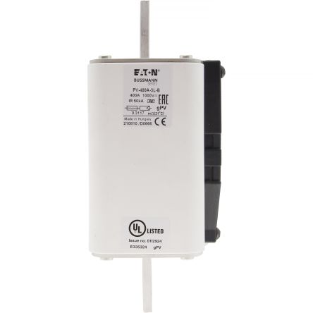 Eaton 400A Tag Fuse, 91 x 201.4 x 73.5mm, 1kV, 170mm [PV-400A-3L-B]; 282-6246