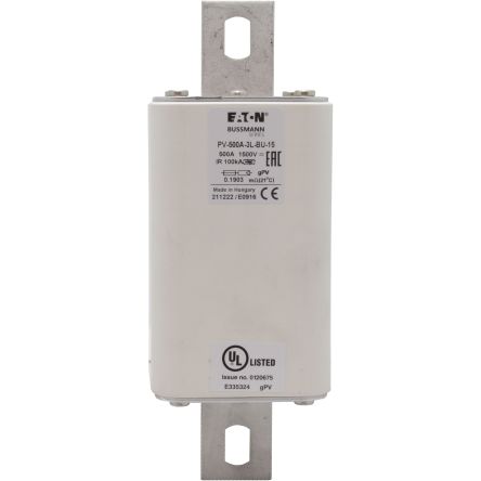 Eaton 500A Tag Fuse, 201 x 74 x 74mm, 1.5kV, 170mm [PV-500A-3L-BU-15]; 282-6251