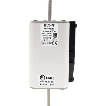 Eaton 600A Tag Fuse, 201.4 x 91 x 73.5mm, 1kV, 170mm [PV-600A-3L-B]; 282-6253