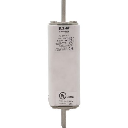 Eaton 80A Tag Fuse, 189 x 46.5 x 46.5mm, 1kV, 189mm [PV-80A-01XL]; 282-6254