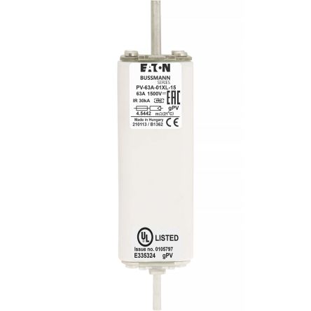 Eaton 63A Tag Fuse, 01XL, 1.5kV, 189mm [PV-63A-01XL-15]; 282-6544
