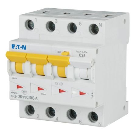 Eaton RCCB, 25A, 3 Pole, Type C, 230V ac [120678 mRB4-25/3N/C/003-A]; 282-7013