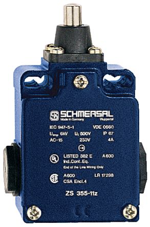 Schmersal EX-T Series Plunger Safety Interlock Switch, IP65, Die Cast Alloy Housing, 230V ac ac Max, 4A Max [EX-TS 355-12Z-3G/D]; 284-0216