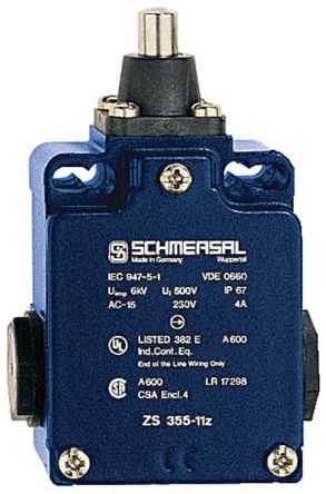 Schmersal EX-Z Series Plunger Safety Interlock Switch, 1NO/1NC, IP67, Die Cast Alloy Housing, 230V ac ac Max, 4A Max [EX-ZS 355-11Z-3G/D]; 284-0258