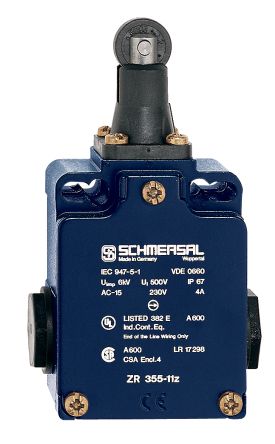 Schmersal EX-T Series Roller Plunger Safety Interlock Switch, 1NO/1NC, IP65, Die Cast Alloy Housing, 230V ac ac Max, 4A [EX-TR 355-11Z-3G/D]; 284-0279