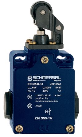 Schmersal EX-Z Series Roller Lever Safety Interlock Switch, 1NO/1NC, IP67, Die Cast Alloy Housing, 230V ac ac Max, 4A [EX-Z1K 355-11Z-3G/D]; 284-0306