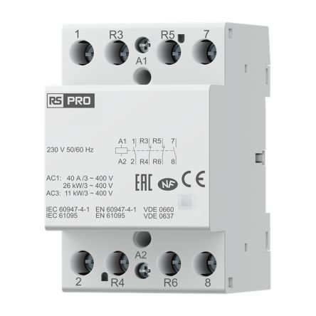 RS PRO Installation Contactor, 230 V ac Coil, 4-Pole, 40 A, 2NO/2NC [0]; 284-2351