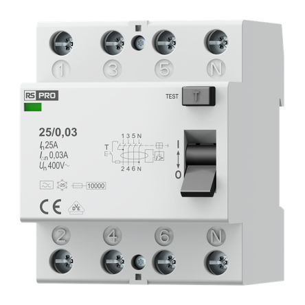 RS PRO Residential RCCBs, 25A, 4 Pole, 30mA, Type A, 400V [0]; 284-2372