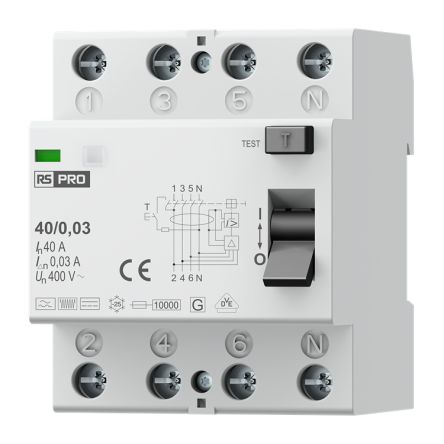 RS PRO Residential RCCBs, 40A, 4 Pole, 30mA, Type B, 400V [0]; 284-2376