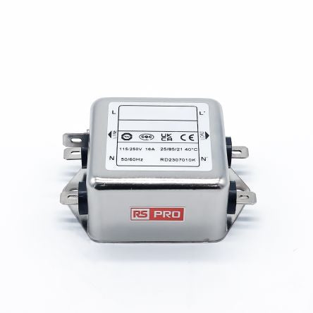 RS PRO 16A 115/250 V ac 50 → 60Hz, Chassis Mount Power Line Filter, Fast-On, Single Phase [0]; 286-7238