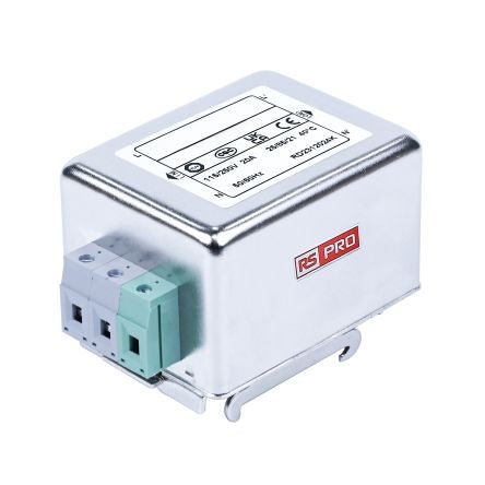 RS PRO 20A 115/250 V ac 50 → 60Hz, DIN Rail Power Line Filter, Terminal Block, Single Phase [0]; 286-7241