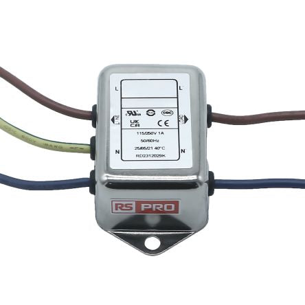 RS PRO 1A 115/250 V ac 50 → 60Hz, Chassis Mount Power Line Filter, Wire Lead, Single Phase [0]; 286-7249