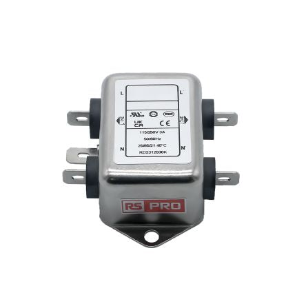 RS PRO 3A 115/250 V ac 50 → 60Hz, Chassis Mount Power Line Filter, Fast-On, Single Phase [0]; 286-7250