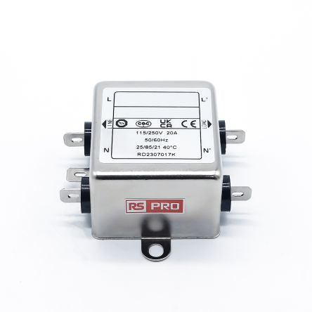 RS PRO 20A 115/250 V ac 50 → 60Hz, Chassis Mount Power Line Filter, Fast-On, Single Phase [0]; 286-7251