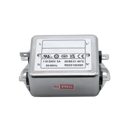 RS PRO 3A 115/250 V ac 50 → 60Hz, Chassis Mount Power Line Filter, Fast-On, Single Phase [0]; 286-7255