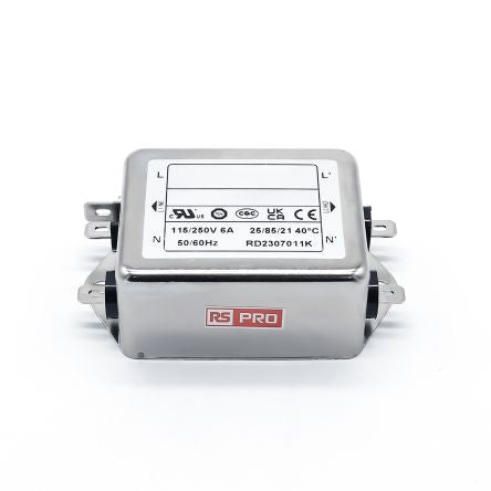 RS PRO 6A 115/250 V ac 50 → 60Hz, Chassis Mount Power Line Filter, Fast-On, Single Phase [0]; 286-7256