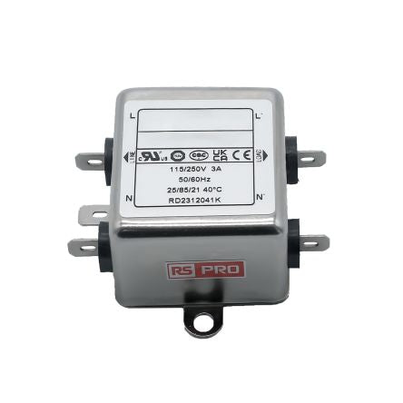 RS PRO 3A 115/250 V ac 50 → 60Hz, Chassis Mount Power Line Filter, Fast-On, Single Phase [0]; 286-7262