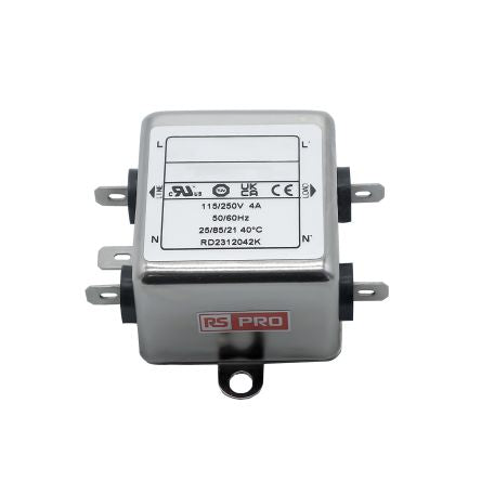 RS PRO 4A 115/250 V ac 50 → 60Hz, Chassis Mount Power Line Filter, Fast-On, Single Phase [0]; 286-7263