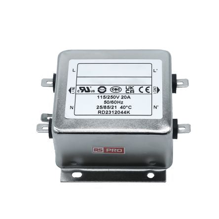RS PRO 20A 115/250 V ac 50 → 60Hz, Chassis Mount Power Line Filter, Fast-On, Single Phase [0]; 286-7266