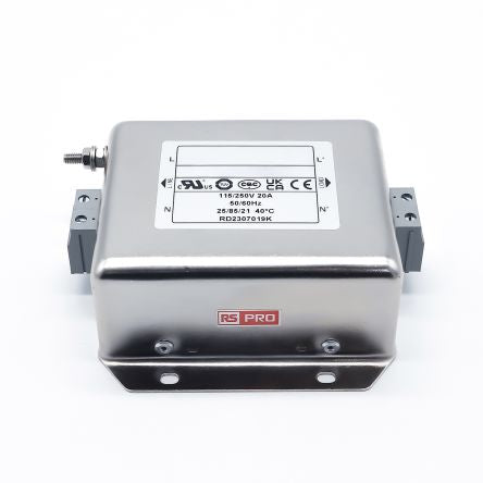RS PRO 20A 115/250 V ac 50 → 60Hz, Chassis Mount Power Line Filter, Terminal Block, Single Phase [0]; 286-7267