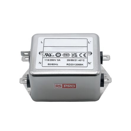 RS PRO 3A 115/250 V ac 50 → 60Hz, Chassis Mount Power Line Filter, Fast-On, Single Phase [0]; 286-7274