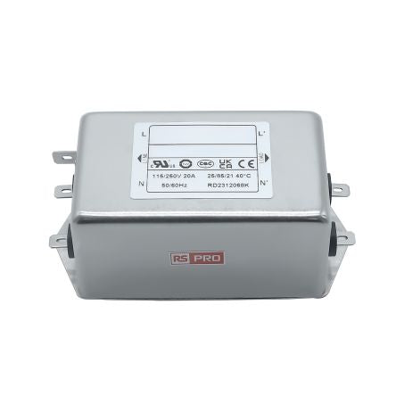 RS PRO 20A 115/250 V ac 50 → 60Hz, Chassis Mount Power Line Filter, Fast-On, Single Phase [0]; 286-7284