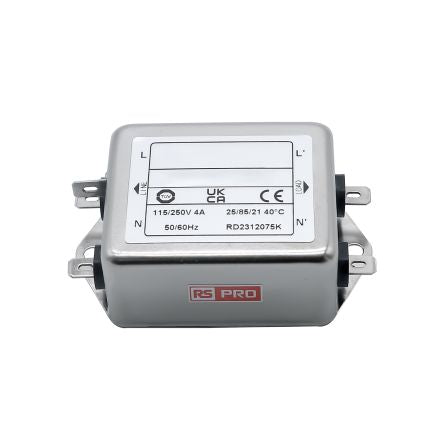 RS PRO 4A 115/250 V ac 50 → 60Hz, Chassis Mount Power Line Filter, Fast-On, Single Phase [0]; 286-7292
