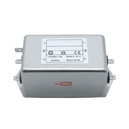 RS PRO 12A 115/250 V ac 50 → 60Hz, Chassis Mount Power Line Filter, Fast-On, Single Phase [0]; 286-7299