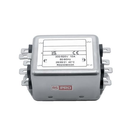RS PRO 10A 300/520 V ac 50 → 60Hz, Chassis Mount Power Line Filter, Fast-On 3 Phase [0]; 286-7321