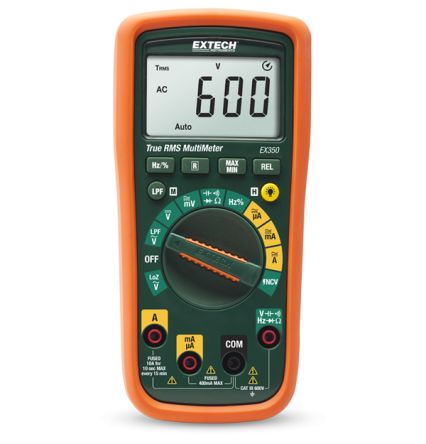 Extech EX350 LCD Multimeter, 10A ac Max, 10A dc Max, 600V ac Max [EX350]; 287-3812