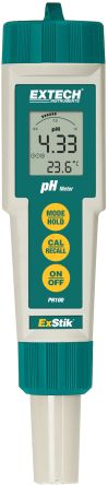 Extech PH100 pH Meter, ±0.01pH Accuracy, 0.01pH Resolution, 14pH Max, 90 °C Max [PH100]; 287-3827