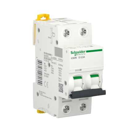 Schneider Electric Acti9 Acti9 iC60 MCB, 2P, 500mA Curve D, 400V AC, 125V DC, 6000 A Breaking Capacity [A9F75270]; 287-5952