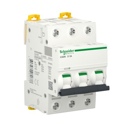 Schneider Electric Acti9 Acti9 iC60 MCB, 3P, 3A Curve D, 400V AC, 180V DC, 50 kA Breaking Capacity [A9F75303]; 287-5953