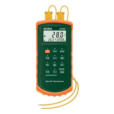 Extech 421502 Dual Input Thermometer for Temperature measurement Use, J, K Probe, 2 Input(s), +2498°F Max, 0.05 % [421502]; 288-0178