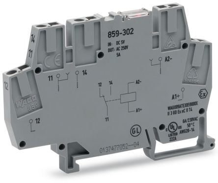 WAGO 859 Series Relay Module, DIN Rail Mount, 24V dc Coil, SPDT, 1-Pole, 5A Load [859-304-1]; 288-5305