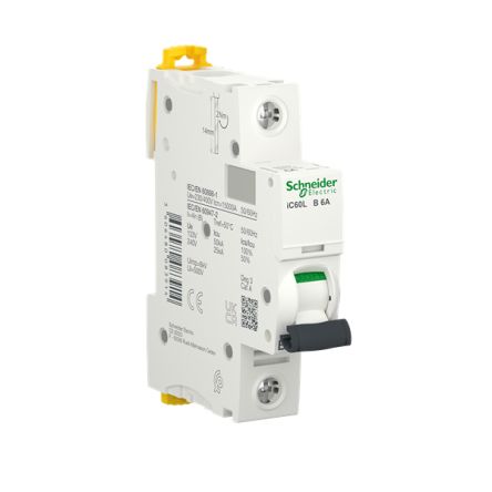 Schneider Electric Acti9 A9F MCB, 1P, 6A Curve B, 220-240V AC, 72V DC, 15 kA Breaking Capacity [A9F93106]; 288-7082