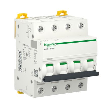 Schneider Electric Acti9 A9F MCB, 4P, 50A Curve B, 440V AC, 250V DC, 30 kA Breaking Capacity [A9F93450]; 288-7093