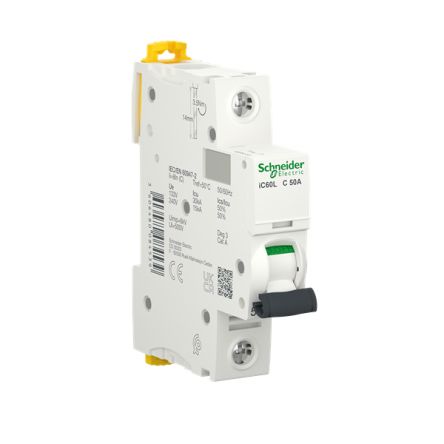 Schneider Electric Acti9 A9F MCB, 1P, 50A Curve C, 240V AC, 72V DC, 15 kA Breaking Capacity [A9F94150]; 288-7097