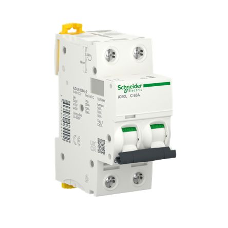 Schneider Electric Acti9 A9F MCB, 2P, 63A Curve C, 440V AC, 125V DC, 10 kA Breaking Capacity [A9F94263]; 288-7098