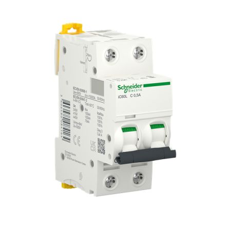 Schneider Electric Acti9 A9F MCB, 2P, 500mA Curve C, 415V AC, 125V DC, 15 kA Breaking Capacity [A9F94270]; 288-7099