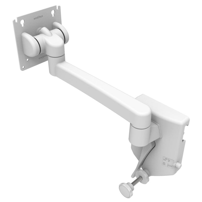 SOUTHCO Monitor Mount, Tilt & Swivel, Single Arm, With VESA Mounting Plate, Rail Mount, Aluminum Alloy, Powder Coat, White [AV-D32-23A173-76]