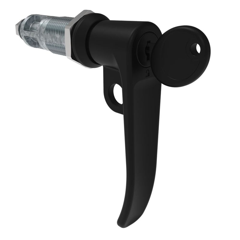 SOUTHCO Quarter-Turn Cam Latch, Key Locking (Reversible Key), L-Handle, Pad Locking, Sealed, Zinc Alloy, Powder Coat, Black [E5-7A-725-UU2-13]