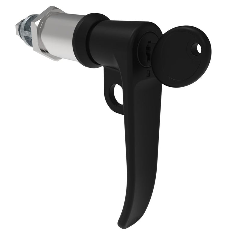 SOUTHCO Quarter-Turn Cam Latch, Key Locking (Reversible Key), L-Handle, Pad Locking, Sealed, Zinc Alloy, Powder Coat, Black [E5-7A-725-UU5-13]