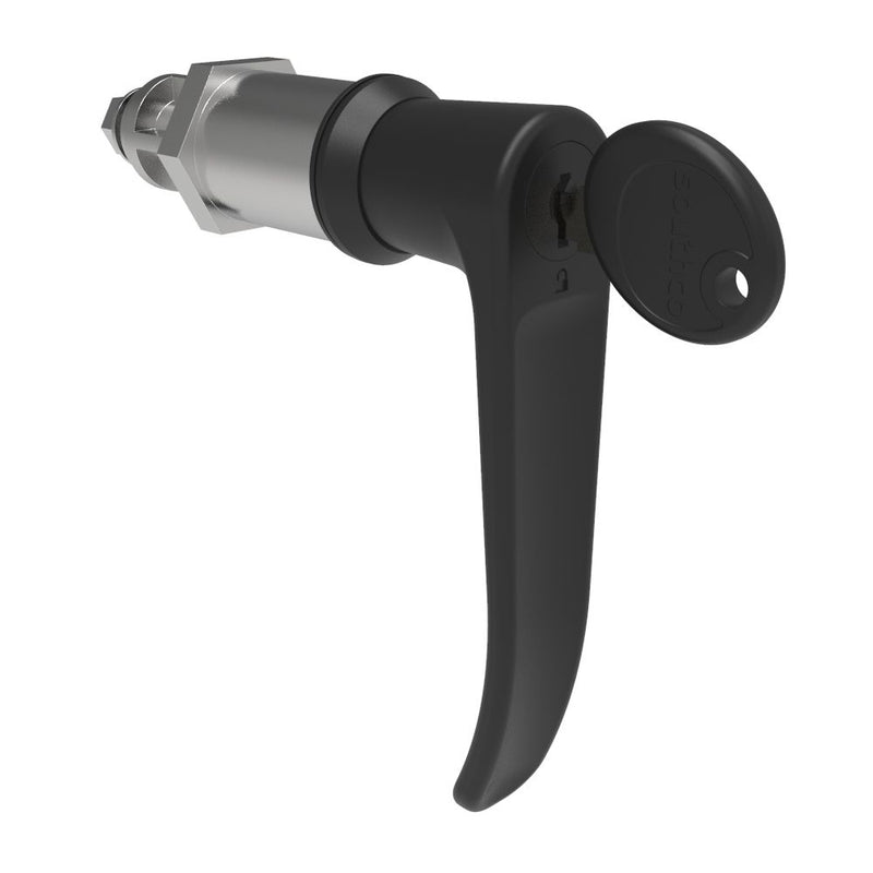SOUTHCO Quarter-Turn Cam Latch, Key Locking (Reversible Key), L-Handle, Without Cam, Sealed, Zinc Alloy, Powder Coat, Black [E5-9A-725-UU5-13]
