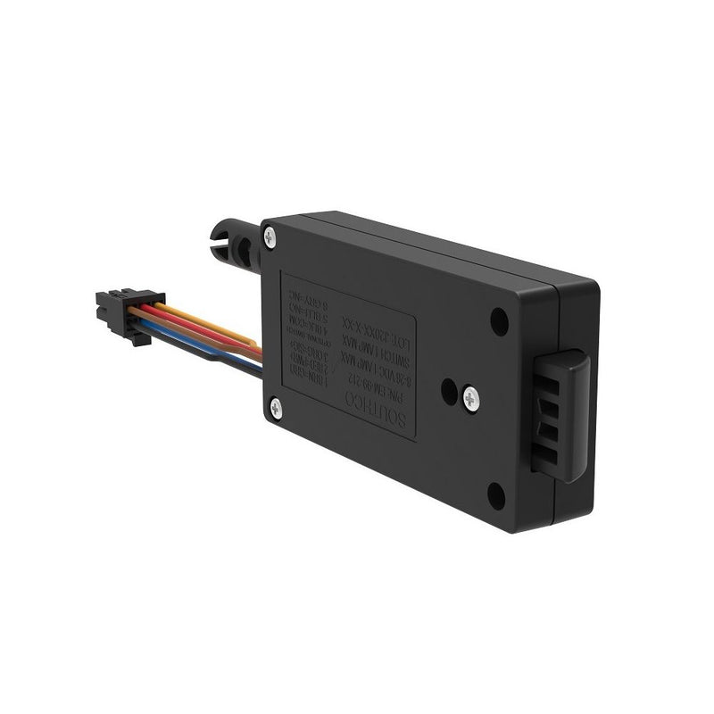 SOUTHCO Miniature Electronic Slide Bolt, Front Mount, With Microswitch, With Mechanical Override, Plastic, Black [EM-05-11-111]