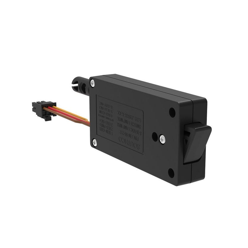 SOUTHCO Miniature Electronic Slide Bolt, Side Mount, Without Microswitch, With Mechanical Override, Plastic, Black [EM-05-21-101]
