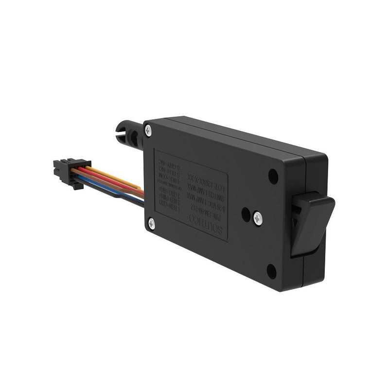 SOUTHCO Miniature Electronic Slide Bolt, Side Mount, With Microswitch, With Mechanical Override, Plastic, Black [EM-05-21-111]