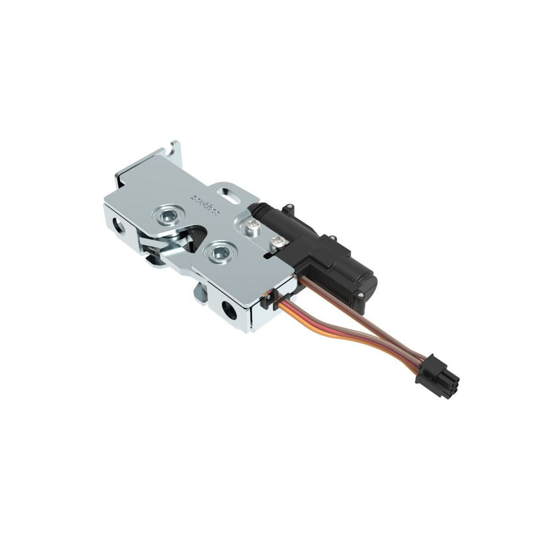 SOUTHCO Rotary Push-to-Close Latch, Medium Size, Single Stage, Pull to open with Switch and 12 V Actuator, Bottom Trigger, Integrated Cable Mounting Bracket (for cable without spring), 1/4-20 Thread, Steel, Zinc Plate, Bright Chromate [R4-25-211-51B3-10]